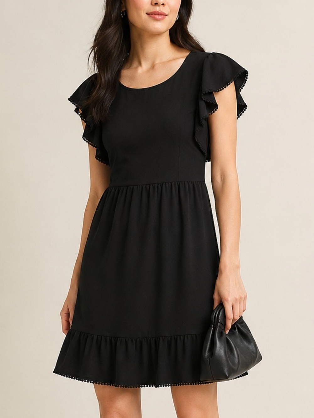 Ann Taylor Black Flutter Sleeve Ruffle Hem Dress XS Pom Trim